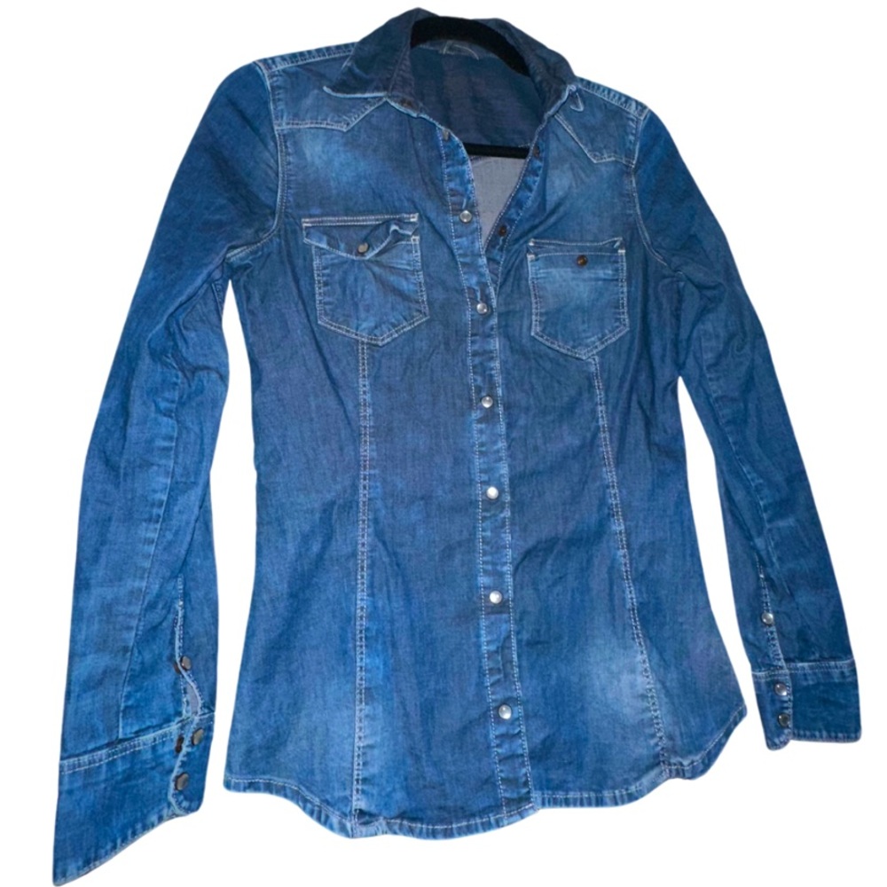 Western Pearl Snap Denim Button Up Shirt Long Sleeve